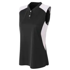 Womens Sleeveless Henley w/ Stretch Mesh Contrast