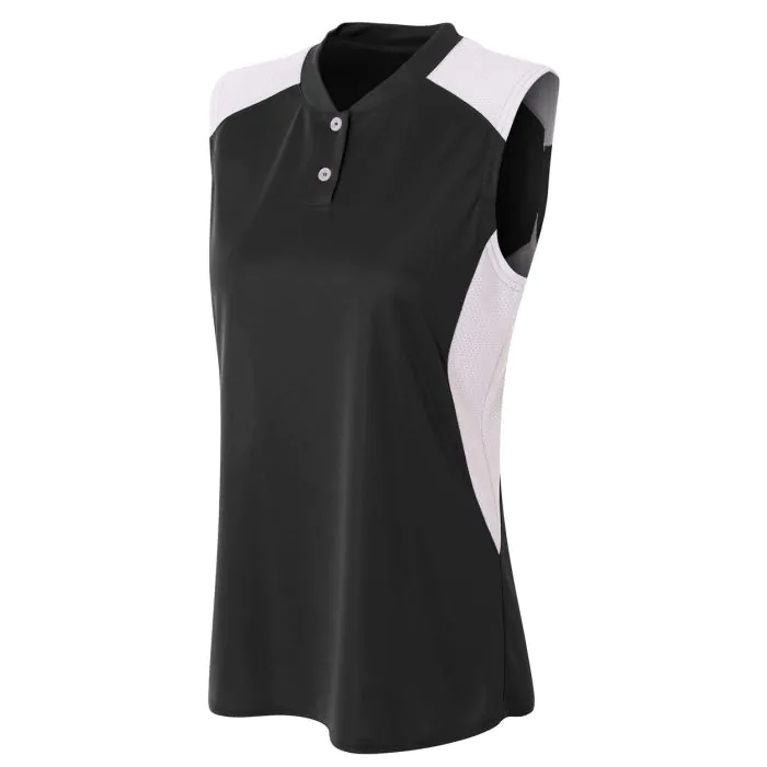Womens Sleeveless Henley w/ Stretch Mesh Contrast
